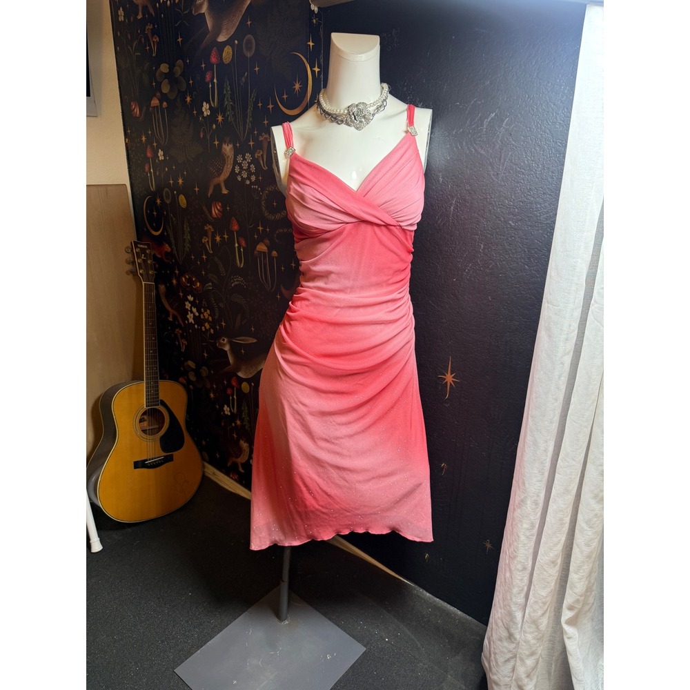 Vintage Pink Ombre Glitter Mesh Ruched  Dress Rhinestone Straps Y2K
